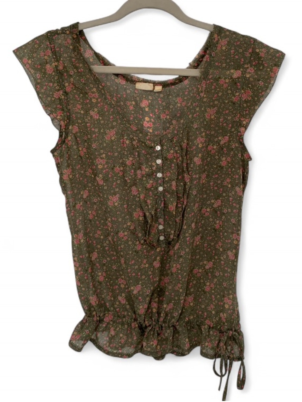 Y2K Mudd Olive Green Floral Button-Front Tie Bottom Blouse with Pink Accents